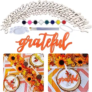 Photo 1 of 20 Pcs Grateful Wood Sign Word Sign Craft Kit Paintable Unfinished Wood Grateful Cutouts Grateful Letter Script Wooden Sign for Table Kitchen Rustic Farmhouse Wall Art Thanksgiving Decoration 