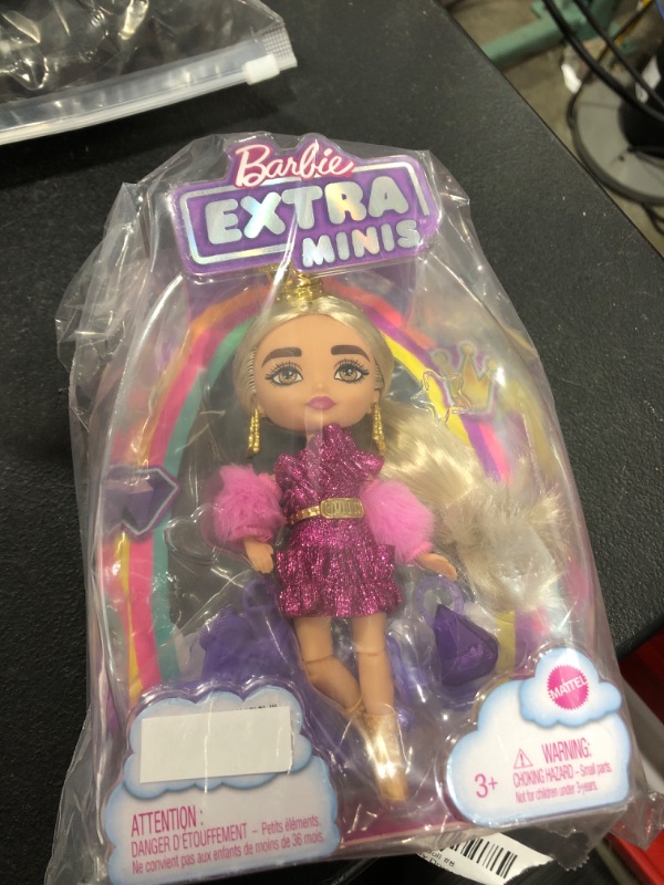 Photo 2 of Barbie Extra Minis Doll & Accessories with Blonde Hair, Toy Pieces Include Shimmery Dress & Furry Shrug