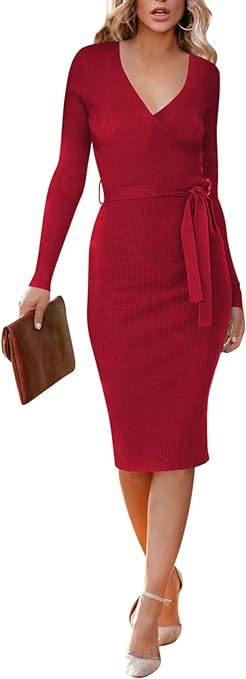 Photo 1 of Ceuplon Women's Long Sleeve V Neck Bodycon Sweater Dress -khaki large
