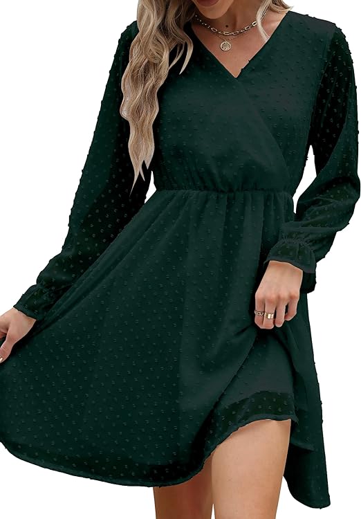 Photo 1 of Bydezcon Women's Long Sleeve Wrap V Neck Swing Ruffle Dots Mini Dress- medium
