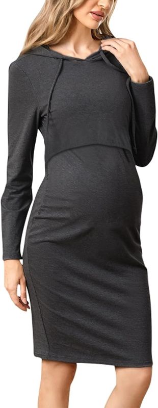 Photo 1 of Bydezcon Womens Maternity Hoodie Dress Drawstring Long Sleeve Breastfeeding Hoodie Knee Length Pregnancy Dress with Pockets- XXL
