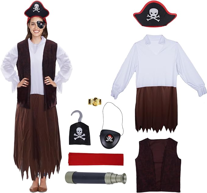 Photo 1 of cheerdecor Pirate Costume Halloween Party Pirate Costume Set Kids Women Dress Up Party Costumes with Hook Hat Blindfold- Large 
