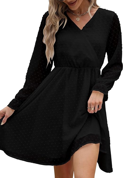 Photo 1 of Bydezcon Women's Long Sleeve Wrap V Neck Swing Ruffle Dots Mini Dress-large
