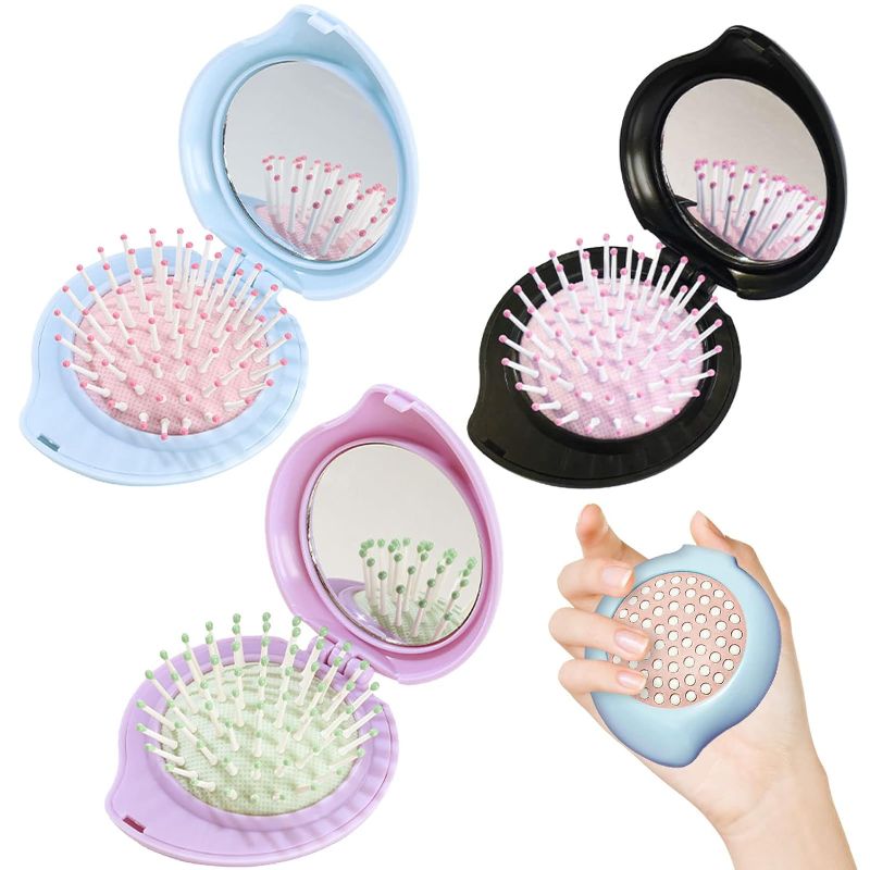Photo 1 of 3 Pack Mini Hair Brush for Purse,Foldable Travel Mirror Hair Brushes?Pocket Hair Brush with Mirror,Portable Folding Pocket Hair Brush for Men Women and Girls
