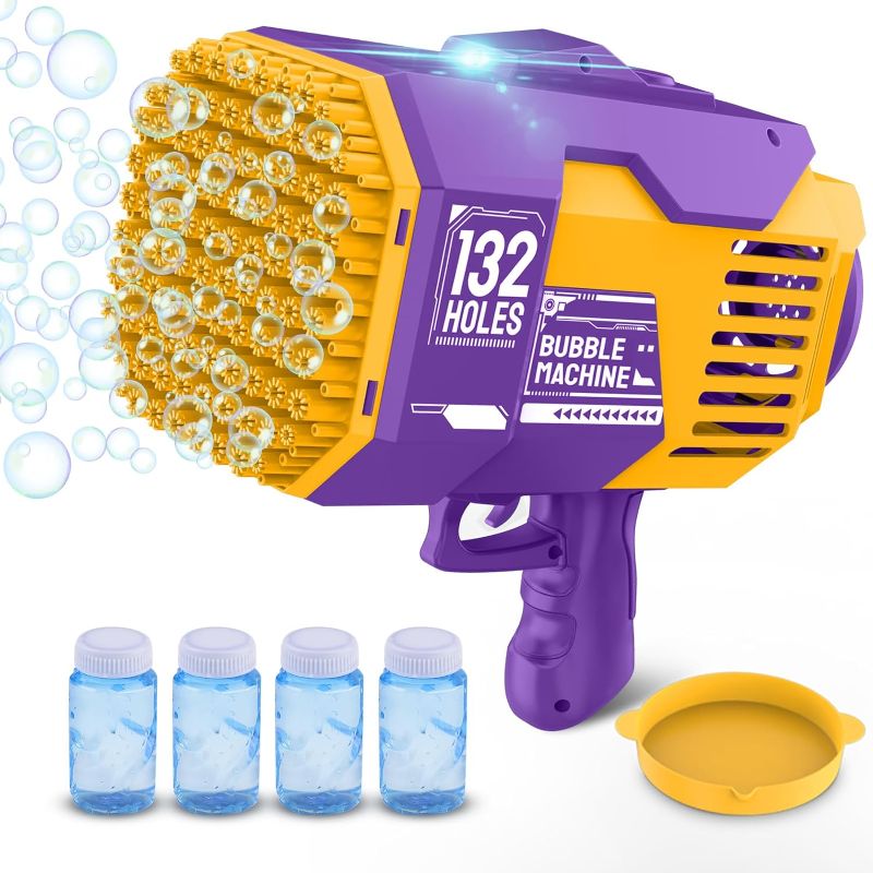 Photo 1 of 132 Holes Bubble Gun Machine - Rocket Bubbles Blaster with Led Lights Summer Idea Gifts Toys for Kids Boys Girls 3 4 5 6 7 8 9 10 11 12 Years Old (Purple)
