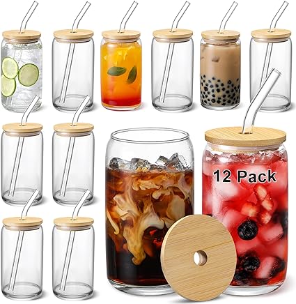 Photo 1 of [ 12pcs Set ] Glass Cups with Bamboo Lids and Glass Straw - Beer Can Shaped 16 oz Iced Coffee Drinking Glasses, Cute Tumbler Cup for Smoothie, Boba Tea, Whiskey, Water - 4 Cleaning Brushes