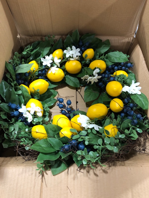 Photo 2 of Valery Madelyn 24 Inch Lemon Wreath for Front Door, Spring Summer Fruit Wreath with Yellow Lemon, Blueberry and Artificial Green Leaves for Fall Indoor Outdoor Window and Home Decoration