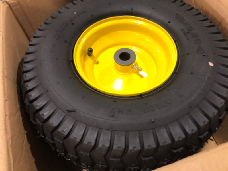 Photo 2 of (2 Pack) AR-PRO Exact Replacement 15" x 6.00 - 6" Front Tire and Wheel Assemblies for John Deere Riding Mowers - Compatible with John Deere 100 and D100 Series - 3” Hub Offset and 3/4” Bushings 15" x 6.00-6" Yellow