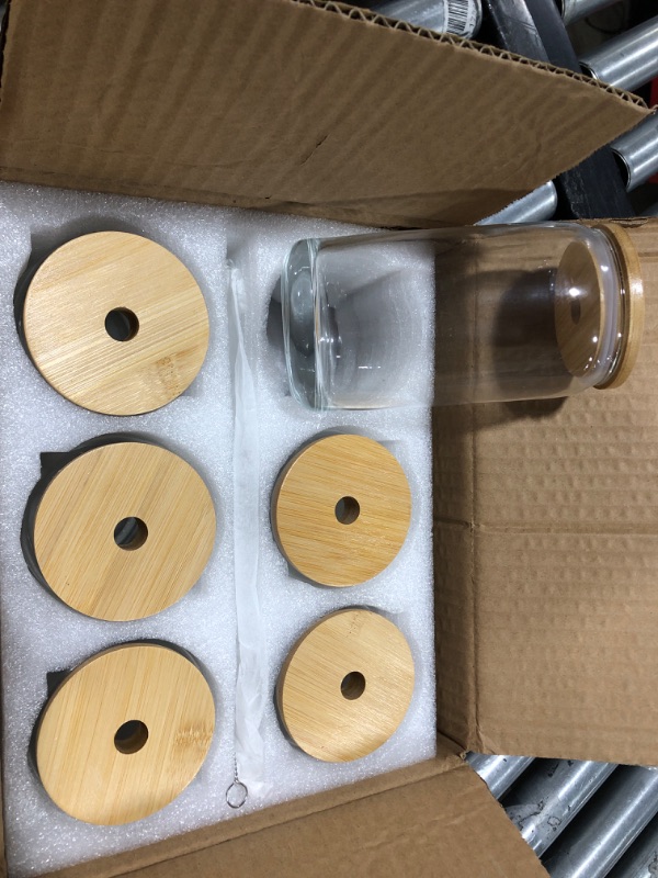 Photo 2 of [ 6pcs Set ] Glass Cups with Bamboo Lids and Glass Straw - Beer Can Shaped Drinking Glasses, 16 oz Iced Coffee Glasses, Cute Tumbler Cup for Smoothie, Boba Tea, Whiskey, Water - 2 Cleaning Brushes