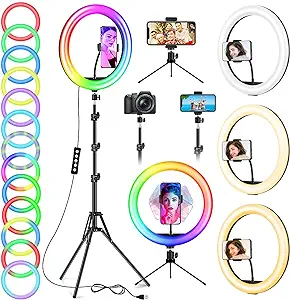 Photo 1 of 12.6'' Ring Light with Stand and Phone Holder: Totally 74" Tall Led Ringlight Tripod with 40 Color Modes, Floor and Desktop Stand with Circle Lights for iPhone Phone Makeup Video Meeting Live Stream