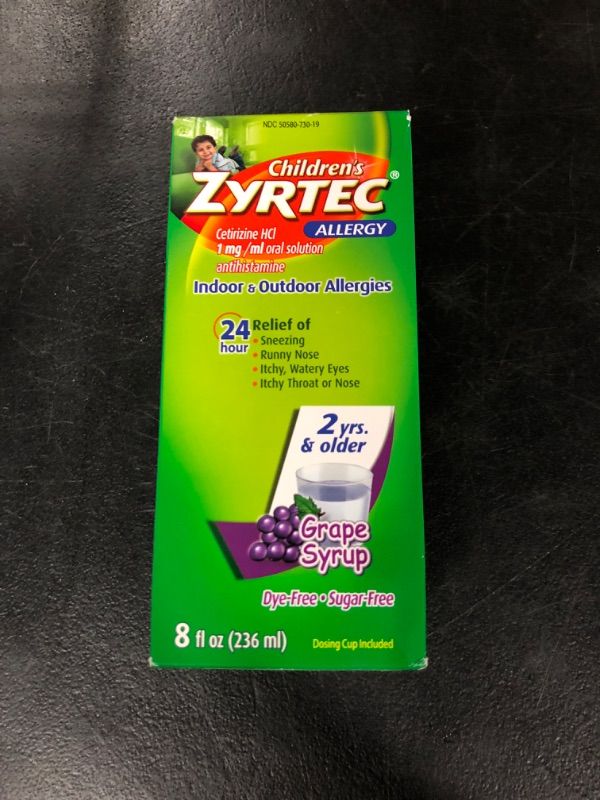 Photo 2 of Zyrtec 24 Hour Children's Allergy Syrup with Cetirizine HCl, Antihistamine Allergy Medicine for Indoor & Outdoor Allergy Relief for Kids, Dye-Free & Sugar-Free, Grape Flavor, 8 fl. oz Grape 8 Fl Oz (Pack of 1)