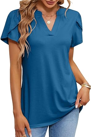 Photo 1 of AFVETUT Womens Summer Top Sexy V Neck Petal Short Sleeve Shirt Casual Flowy Solid Color Blouse Tees Tops Medium