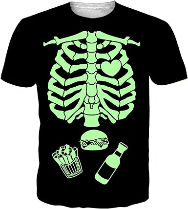 Photo 1 of Belovecol Glow in The Dark Skeleton Shirt Mens Womens Halloween Costume Rib Cage X-Ray Heart T-Shirt Couple Skull Tees Top Small