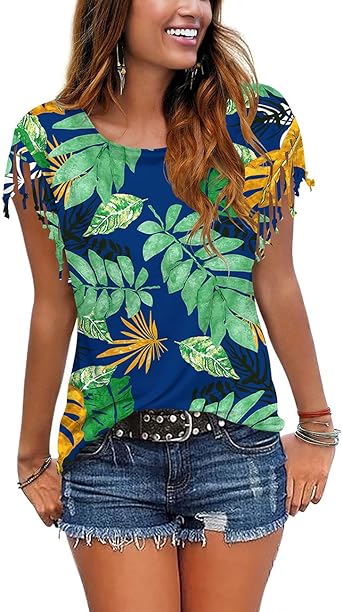 Photo 1 of Cosonsen Women's Tassel Short Sleeve Round Neck T-Shirt Top Casual Summer Tee Small