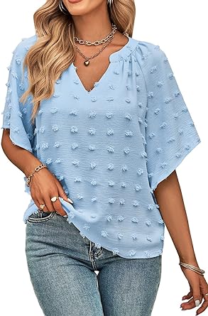 Photo 1 of ABMOIU Casual Summer Tops for Women 2023 V Neck Short Sleeve Swiss Dot Chiffon Blouse Shirts Medium