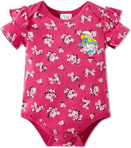 Photo 1 of AdoraCute by PatPat Smurfs Baby Girl Short Sleeve Bodysuit Infant Toddler Girl Stripes Unicorn Ruffle Sleeve Cotton Romper 6-9mo