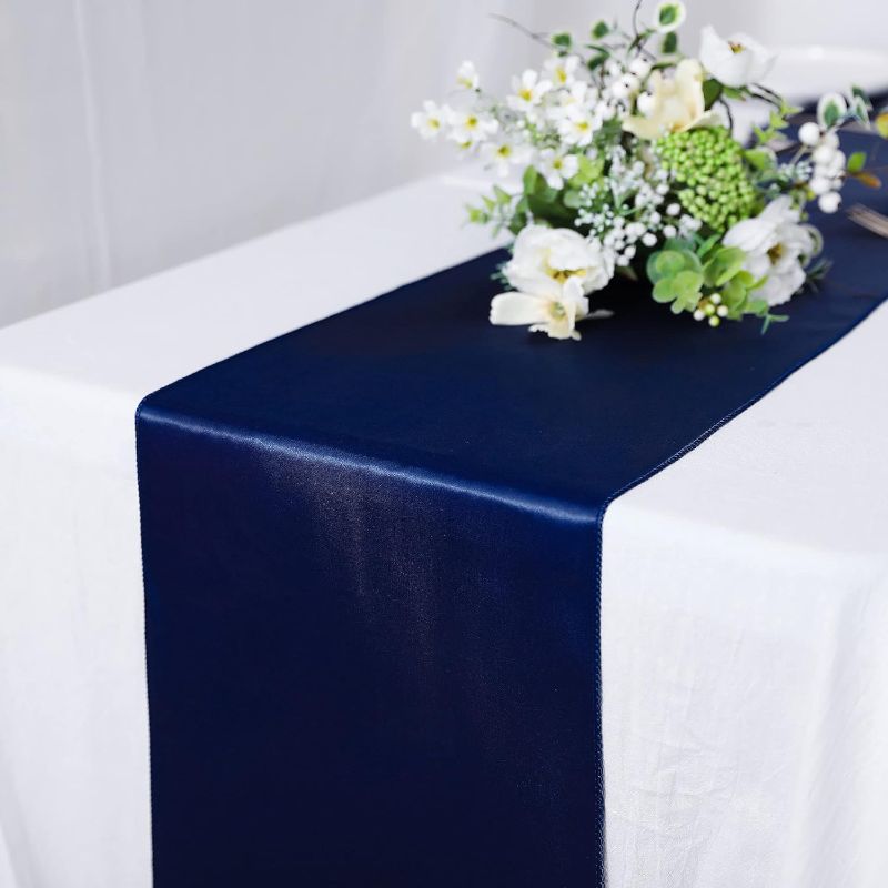 Photo 1 of 10 Pack Satin Table Runner 12 x 108 Inch Long Bright Silk Smooth Fabric Table Runners for Wedding, Birthday Parties, Banquets Decorations - Navy Blue 