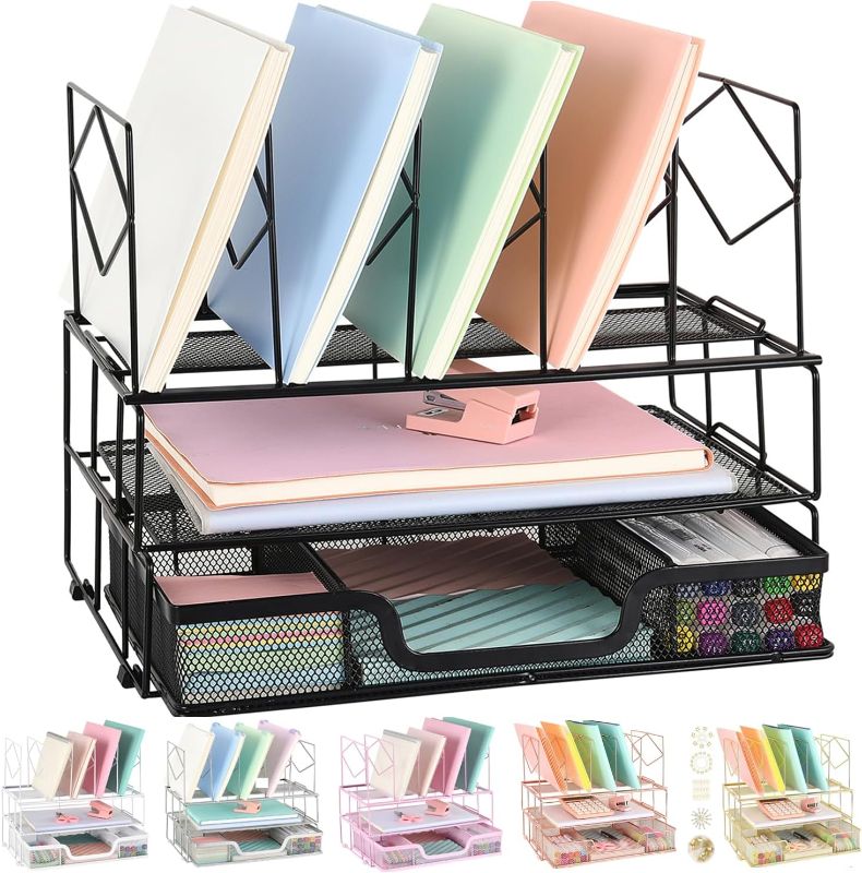 Photo 1 of Youbetia Desk Organizers and Accessories - Double Tray and 5 Upright Sections, Office Supplies Desk Organizer with Drawer, File Office Organization with Binder Clips, Gold