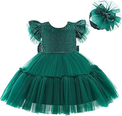 Photo 1 of Allcent Girls Tutu Dress Ball Gown Backless Sequins Party Dresses with Headwear (Green, 7T-8T)