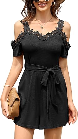 Photo 1 of Chang Yun Womens Casual Cold Shoulder Romper Tops V Neck Jumpsuits Hollow Out Lace Belt Shorts Jumpsuit Outfits Small