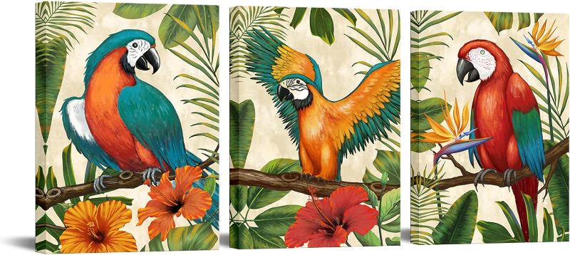 Photo 1 of 
RnnJoile Parrot Canvas Art Parrots with Tropical Leaves Hibiscus Flowers Wall Painting Colorful Birds Artwork for Home Pet Store Decor 12"x16" for Each