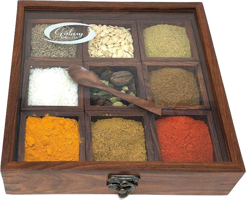Photo 1 of
Brainmart Multipurpose Utility Table Top Wooden Spice Box for Kitchen Glass Top with Spoon | Wood Container with Lid Decorative Masala Dabba Organizer.