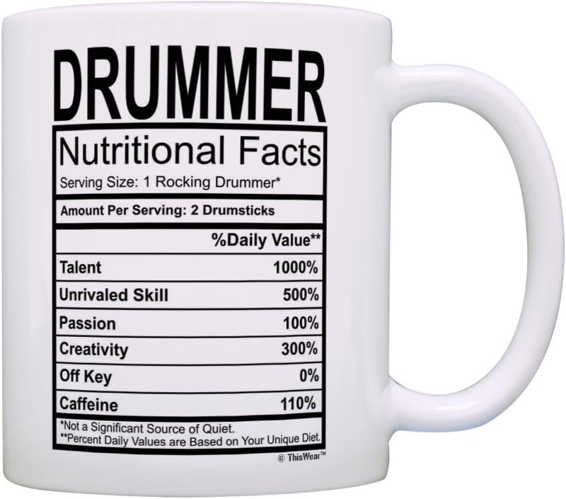 Photo 1 of 
ThisWear Drummer Gifts Drummer Nutritional Facts Label Percussion Drum Player Gift 11oz Ceramic Coffee Mug Tea Cup White