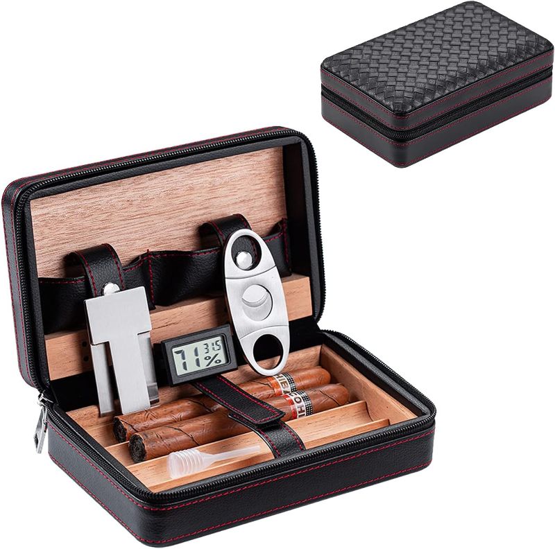 Photo 1 of 
Shana Portable Genuine Leather Cedar Cigar Travel Case Cedar Humidor with Digital Hygrometer Cutter Stand Set Wooden Box 