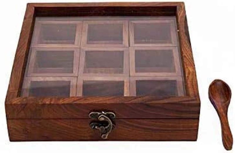 Photo 1 of 
Brainmart Multipurpose Utility Table Top Wooden Spice Box for Kitchen Glass Top with Spoon | Wood Container with Lid Decorative Masala Dabba Organizer