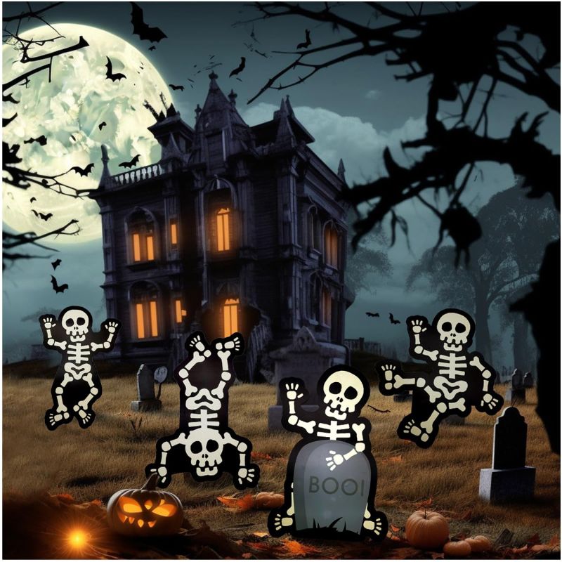 Photo 1 of 4 Pack Halloween Decoration Skeleton Yard Signs Waterproof Gravestone with Stakes Plastic Halloween Outdoor Decoration