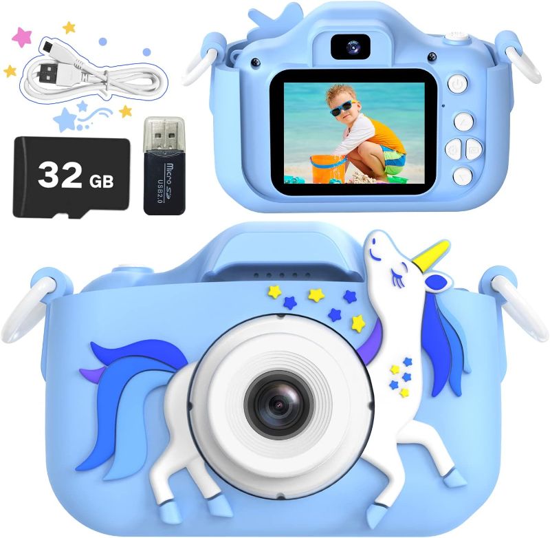 Photo 1 of Kids HD Digital Video Cameras for Toddler, Christmas Birthday Gifts for Boys and Girls Age 3+, 1080P HD Anti-Drop Camera, with 32GB SD Card. (Blue)