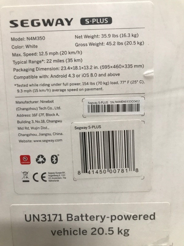 Photo 4 of **DAMAGED**
Segway Ninebot S-Plus Smart Self-Balancing Electric Scooter with Intelligent Lighting and Battery System, Remote Control and Auto-Following Mode, White