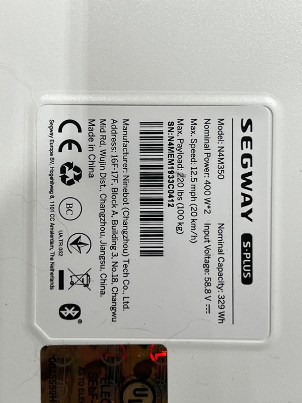Photo 6 of **DAMAGED**
Segway Ninebot S-Plus Smart Self-Balancing Electric Scooter with Intelligent Lighting and Battery System, Remote Control and Auto-Following Mode, White