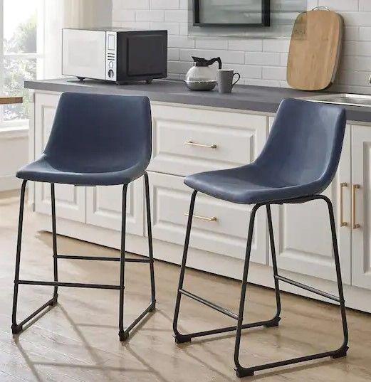 Photo 1 of  24 in. Navy Blue Low Back Metal Frame Counter Height Bar Stool with Faux Leather Seat (Set of 2)