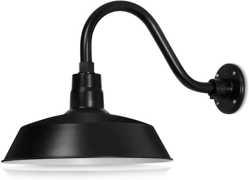 Photo 1 of 14in. Satin Black Outdoor Gooseneck Barn Light Fixture With 14.5 in. Long Extension Arm - Wall Sconce Farmhouse, Vintage, Antique Style - UL Listed - 9W 900lm A19 LED Bulb (5000K Cool White)
