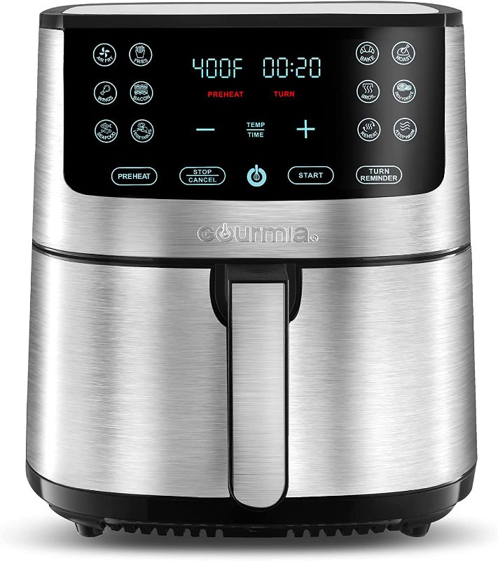 Photo 1 of Gourmia Air Fryer Oven Digital Display 8 Quart Large AirFryer Cooker 12 Touch Cooking Presets, XL Air Fryer Basket 1700w Power Multifunction GAF838 Black and stainless steel air fryer