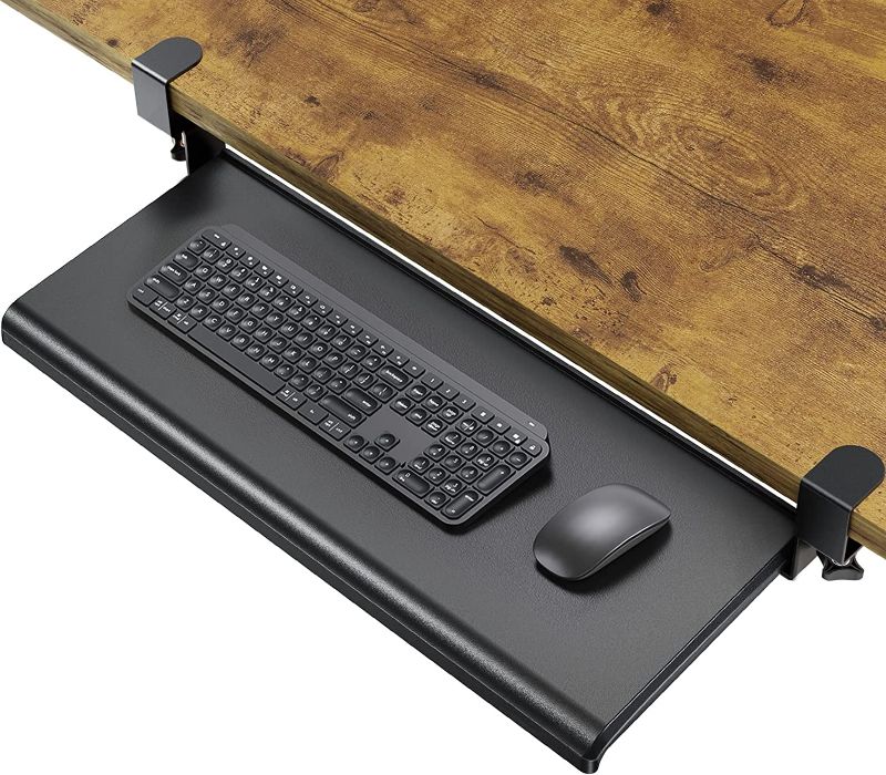 Photo 1 of HUANUO Keyboard Tray Under Desk, Ergonomic Large Keyboard Tray with C Clamp, Updated Metal Slide Rail Keyboard Tray Mouse Tray, Pull Out Platform Computer Drawer for Typing, 27.5" W x 12.2" D, Black
