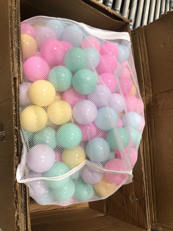 Photo 2 of Amazon Basics BPA Free Crush-Proof Plastic Ball Pit Balls with Storage Bag, Toddlers Kids 12+ Months, 6 Pastel Colors - Pack of 400 6 Pastel Colors 400 Balls