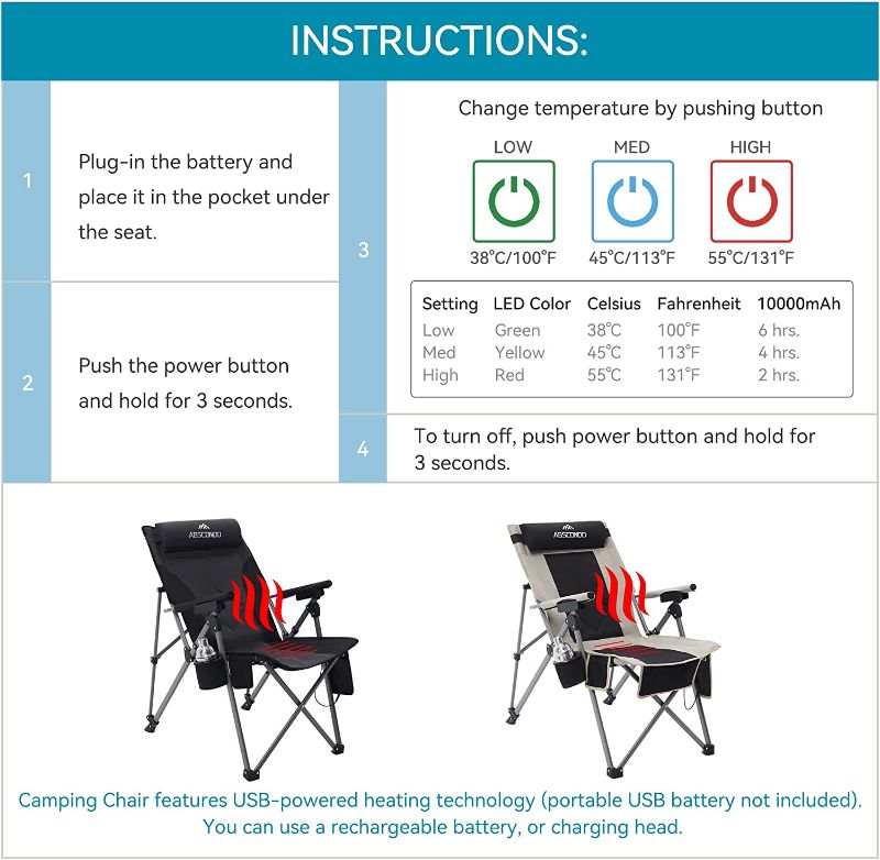 Photo 5 of (2) ABSCONDO Heated Camping Chair, Camping Chairs for Heavy People, Outdoor Folding Chairs with Adjustable Angled Backrest, Lawn Chairs Folding Supports up to 300lbs