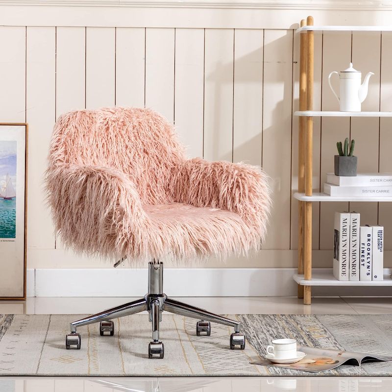 Photo 3 of KCC Fluffy Office Desk Chair, Faux Fur Modern Swivel Armchair with Wheels, Soft Comfy Fuzzy Elegant Accent Makeup Vanity Chairs for Women Girls, Home Living Dressing Room Bedroom, Pink