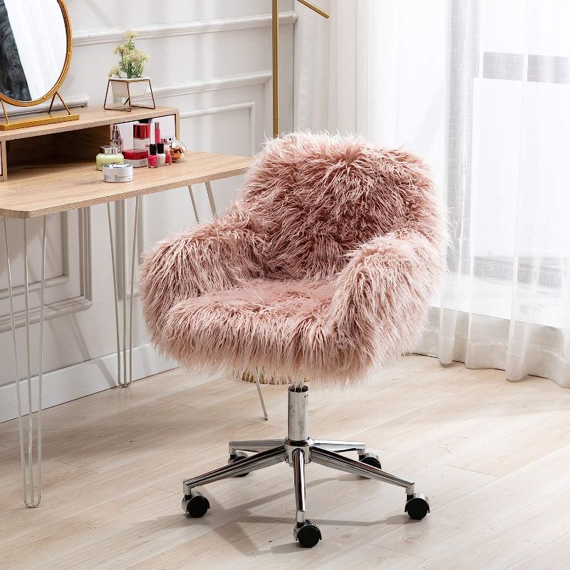 Photo 2 of KCC Fluffy Office Desk Chair, Faux Fur Modern Swivel Armchair with Wheels, Soft Comfy Fuzzy Elegant Accent Makeup Vanity Chairs for Women Girls, Home Living Dressing Room Bedroom, Pink