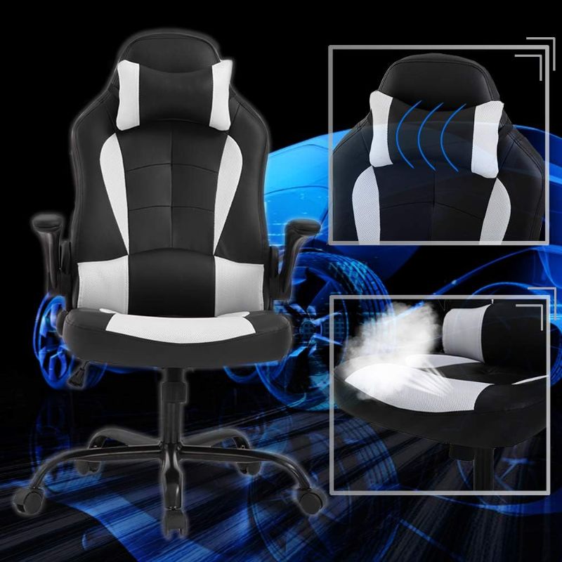 Photo 2 of BestOffice PC Gaming Chair Ergonomic Office Chair Desk Chair with Lumbar Support Flip Up Arms Headrest PU Leather Executive High Back Computer Chair for Adults Women Men (White)