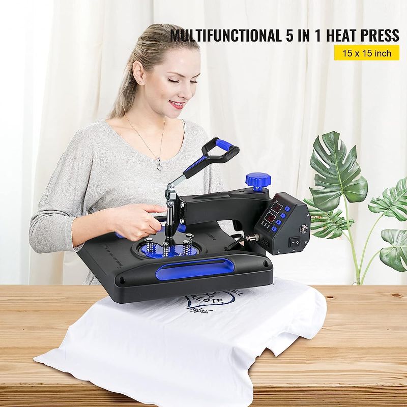 Photo 2 of VEVOR Heat Press 15x15, Upgraded Heat Press Machine 5 in 1, Anti-Scald, Fast-Heating, Swing Away Digital Control Multifunction Heat Press for Sublimation Combo for T-Shirt Hat Cap Mug Plate