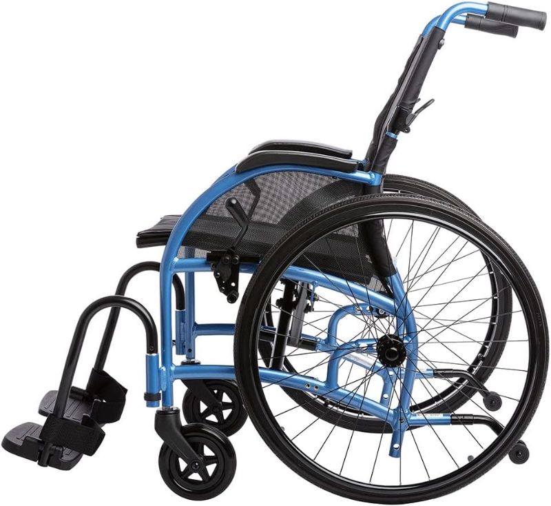 Photo 1 of Strongback Mobility Lightweight Foldable Wheelchair, Self-Propelled Wheel Chair with Built-in Adjustable Lumbar Support, Promotes a Healthy Spine for Adults and Seniors blue