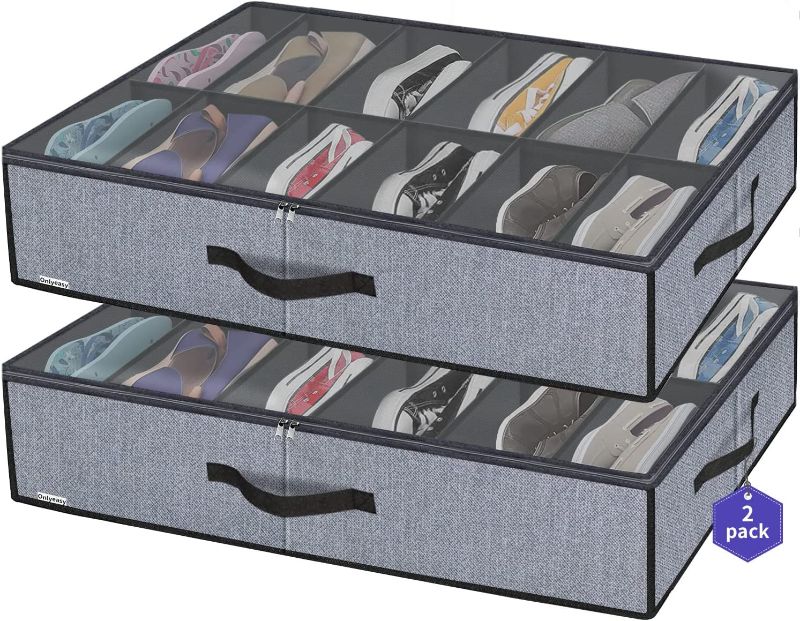 Photo 1 of  Large Under Bed Shoe Organizer (12 Pairs x 4) - Underbed Shoes Closet Storage Solution with Metal Zipper and 2 Handles, Breathable, 29.3"x23...
