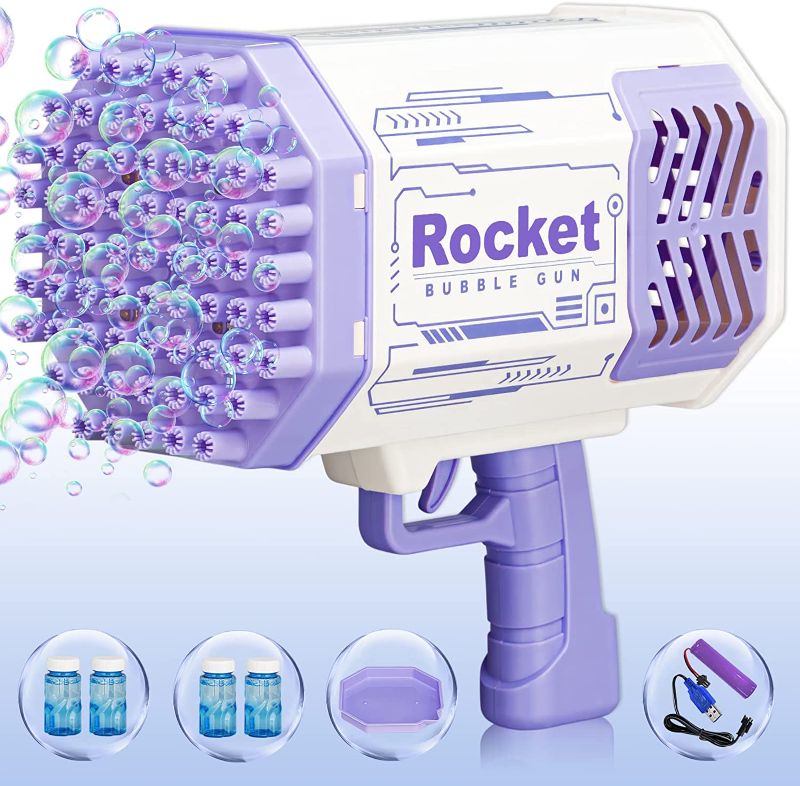 Photo 1 of 69-Hole Bazooka Bubble Gun Machine with Flash Lights|Rocket Boom Bubble Blower|Giant Bubble Blaster Maker,Toddler Outdoor Toys for Kids Ages 4-8,Gifts for 3 5 6 7 Year Old Boys & Girls,Adults (Purple)
