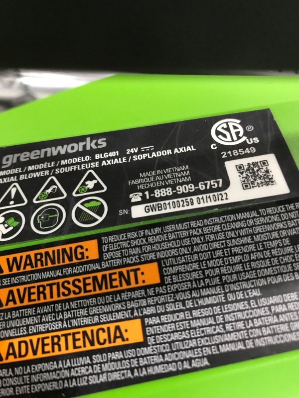 Photo 6 of ***PARTS ONLY*** Greenworks 24-Volt 110 MPH 450 CFM Cordless Blower (4.0Ah Battery & Charger Included) ""CHARGER UNIT DOES NOT WORK CAN NOT TEST DEVICE """