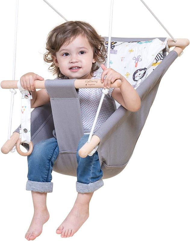 Photo 1 of Baby Swing for Baby and Toddler, Canvas Baby Hammock Swing Indoor and Outdoor with Safety Belt and Mounting Hardware, Wooden Hanging Swing Seat Chair for Baby up to 4 Year - Cute Animal