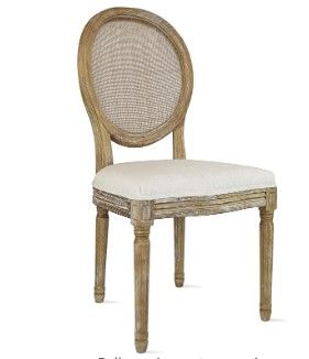 Photo 1 of  French Country Vintage Chic Style Dining Side Chair with Upholstered Linen Welted Fabric and Elegant Natural Rustic Wood Frame - Rattan Wicker Oval Back
