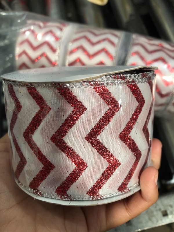 Photo 2 of CT CRAFT LLC Satin Chevron Wired Ribbon with Silver Edge - 50 Yards (2.5 Inch Wide 10Yards 5Rolls) WHITE/RED S 2.5" x 10y x 5R